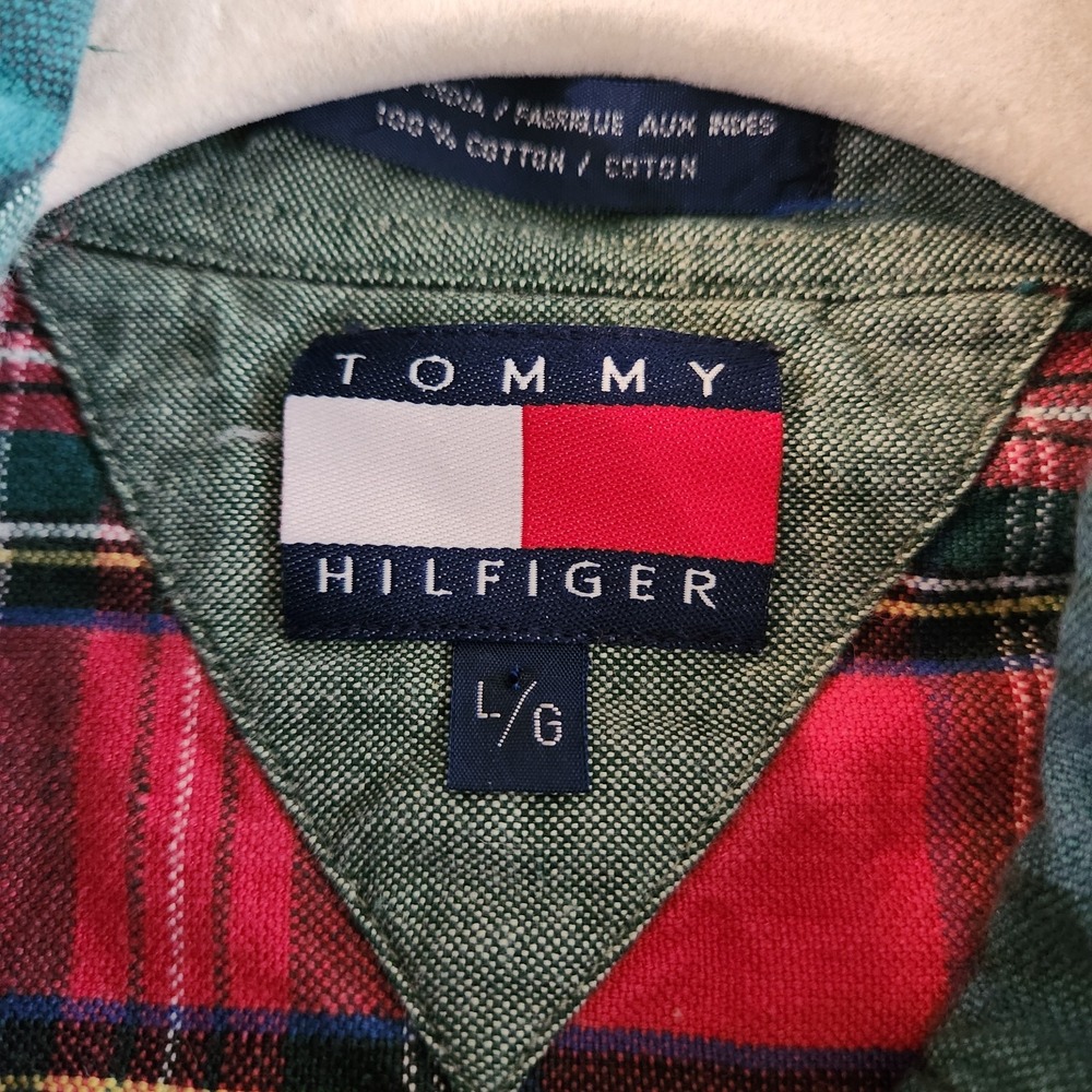 Y2K Tommy Hilfiger Patchwork Tartan Plaid Oxford Button Down Shirt L Academia - Picture 2 of 10